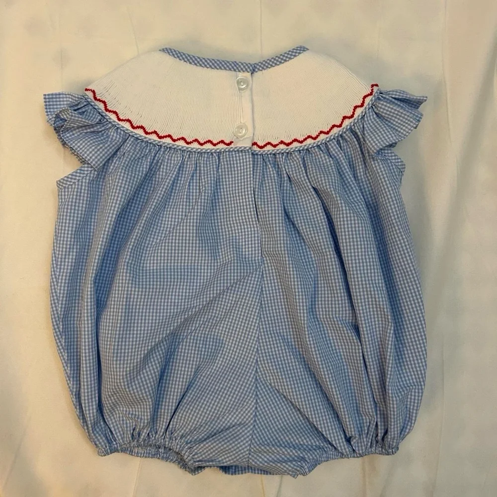 Smocked Blue Gingham Baby One-Piece with Flag & Puppy Embroidery